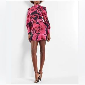 NWT Express Floral Mock Neck Puff Sleeve Ruffle Mini Dress Pink Print